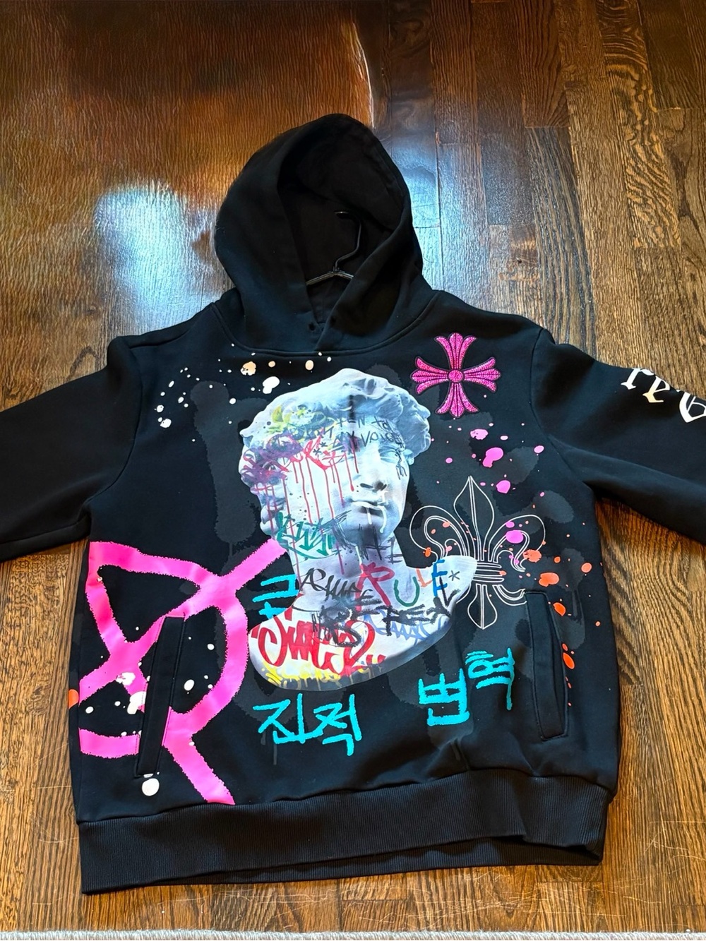Smoke Rise NY Mens Large Statue Graffiti Graphic Hoodie Black Streetwear